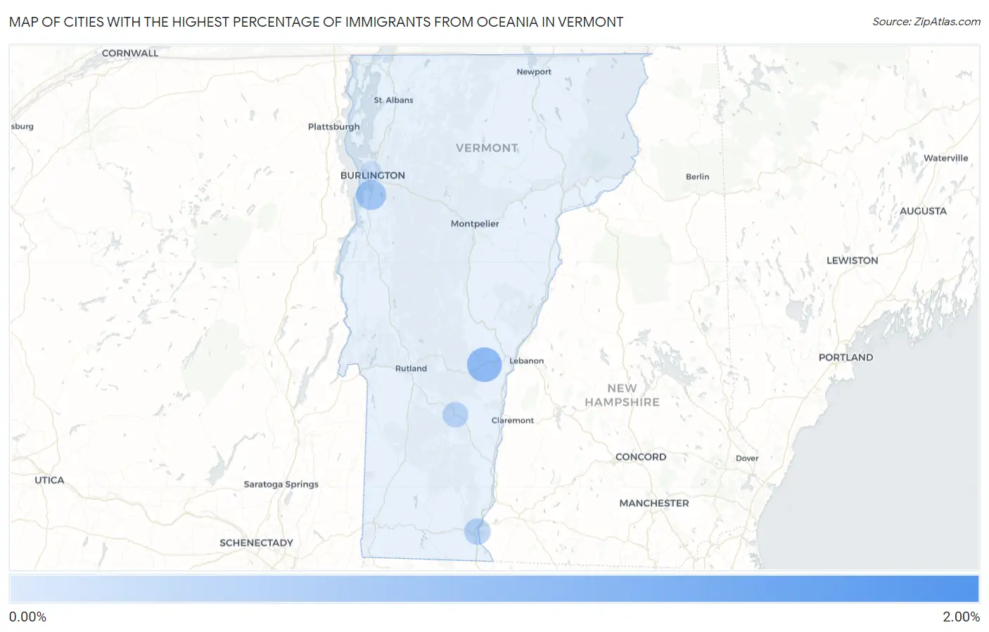 Cities with the Highest Percentage of Immigrants from Oceania in Vermont Map