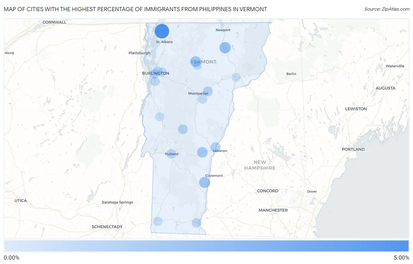Cities with the Highest Percentage of Immigrants from Philippines in Vermont Map
