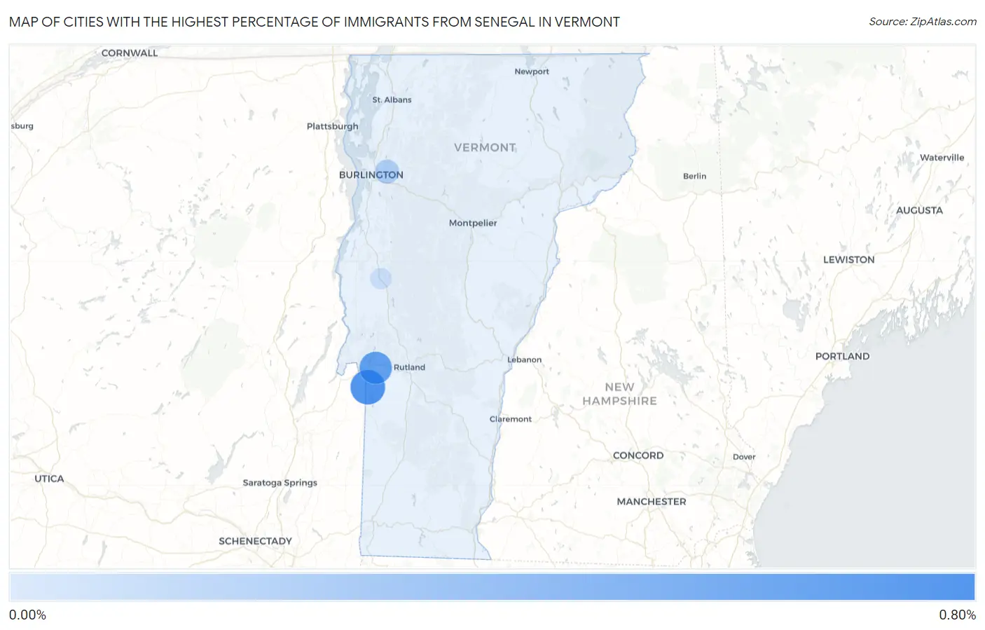 Cities with the Highest Percentage of Immigrants from Senegal in Vermont Map