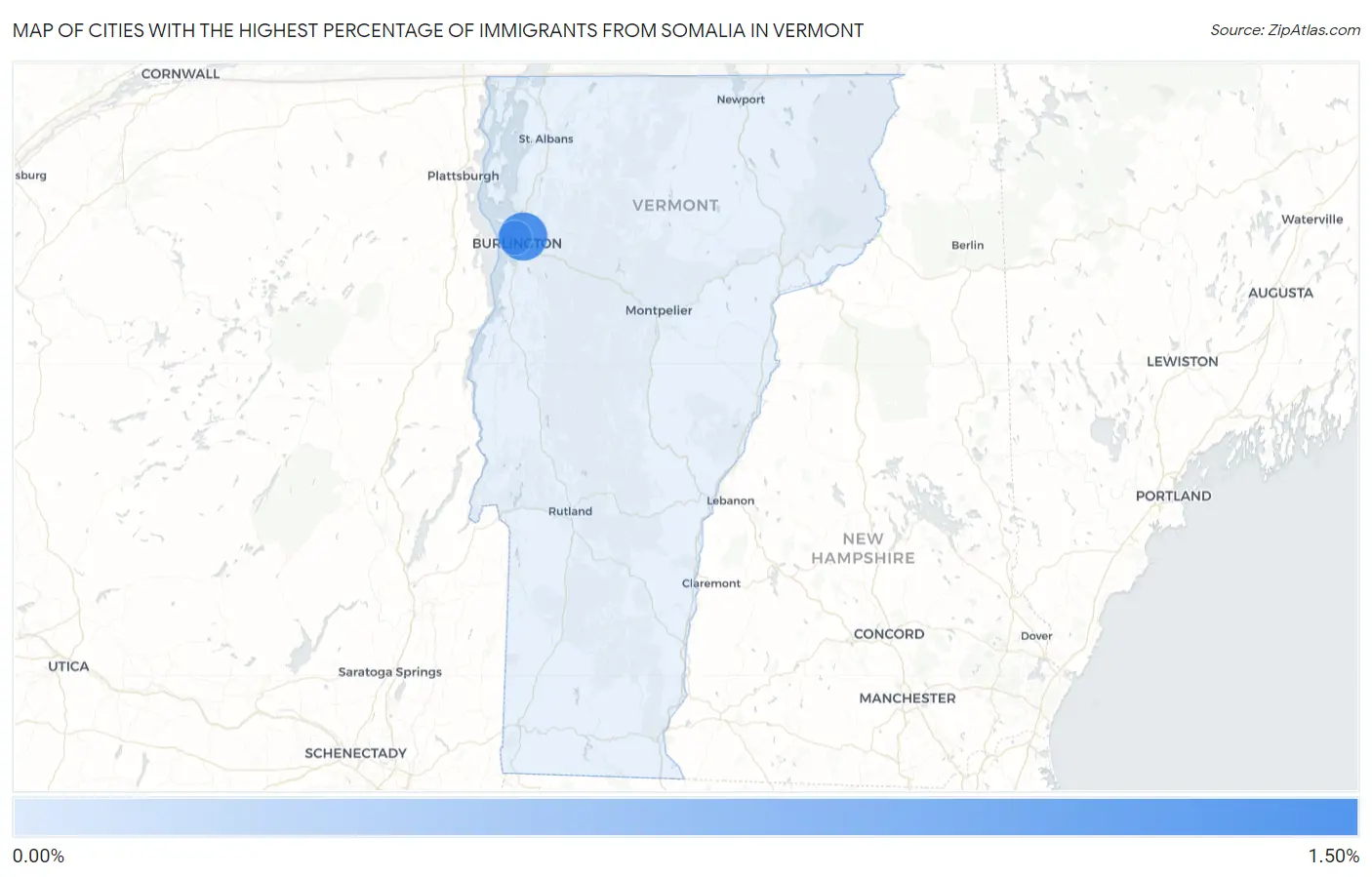 Cities with the Highest Percentage of Immigrants from Somalia in Vermont Map