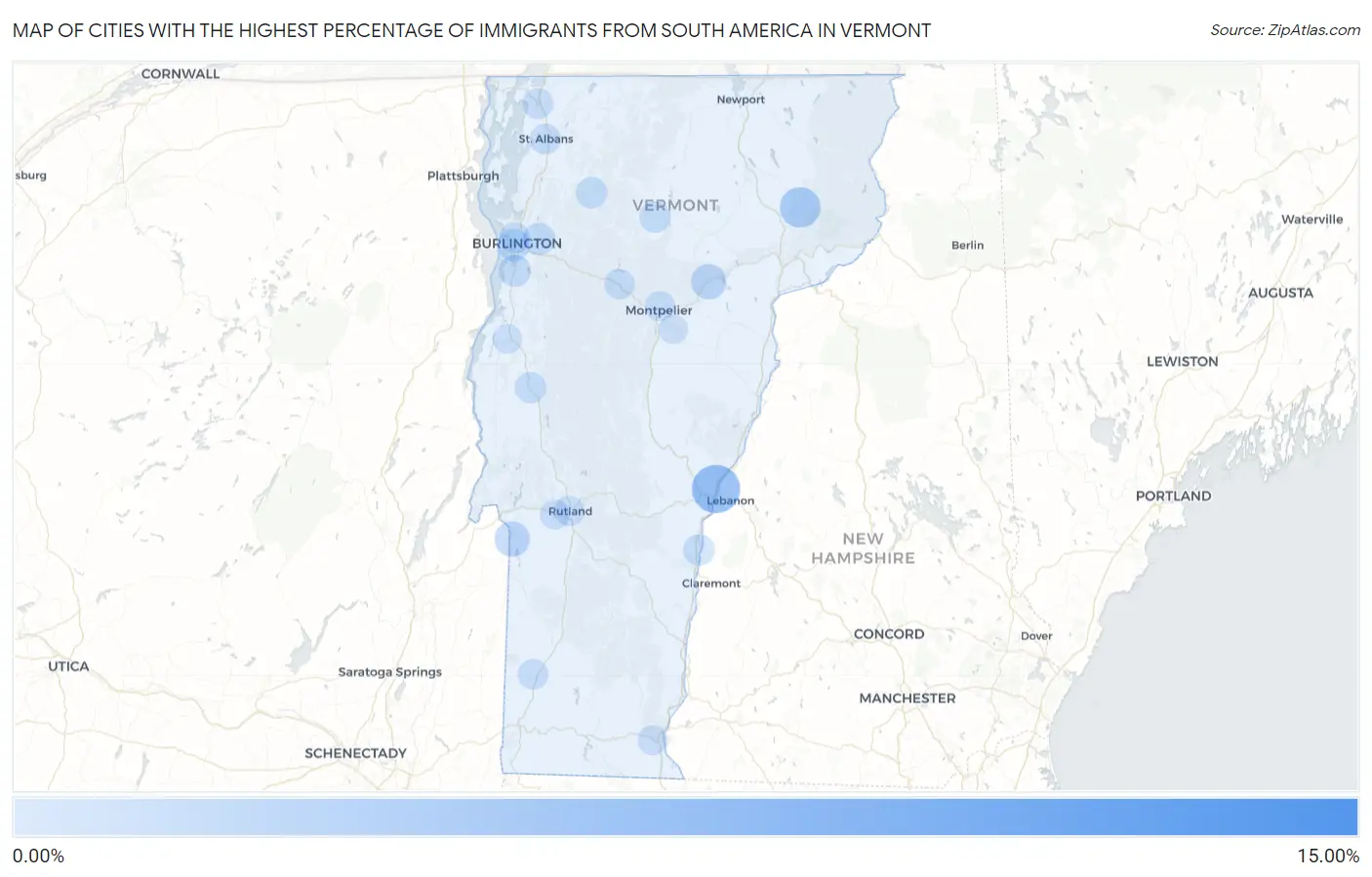 Cities with the Highest Percentage of Immigrants from South America in Vermont Map