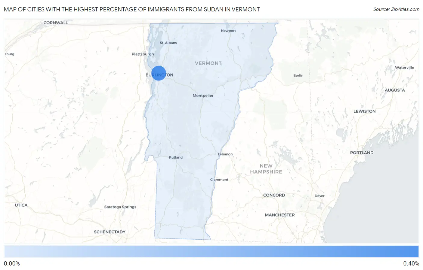 Cities with the Highest Percentage of Immigrants from Sudan in Vermont Map