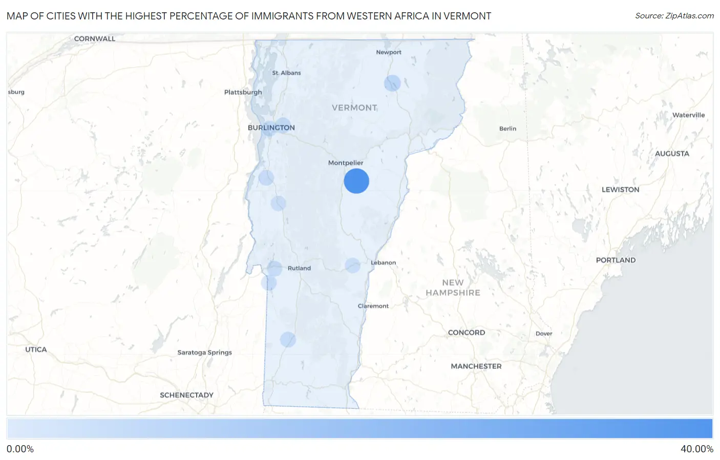 Cities with the Highest Percentage of Immigrants from Western Africa in Vermont Map