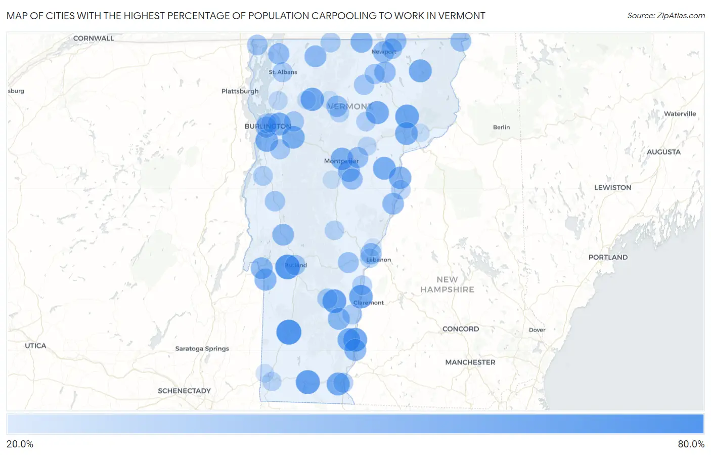 Cities with the Highest Percentage of Population Carpooling to Work in Vermont Map
