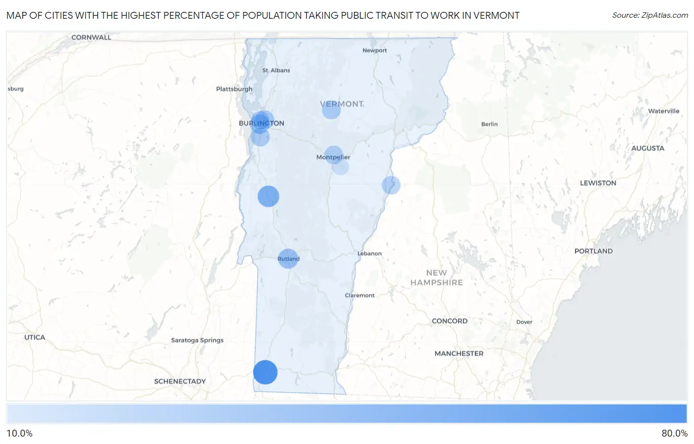 Cities with the Highest Percentage of Population Taking Public Transit to Work in Vermont Map