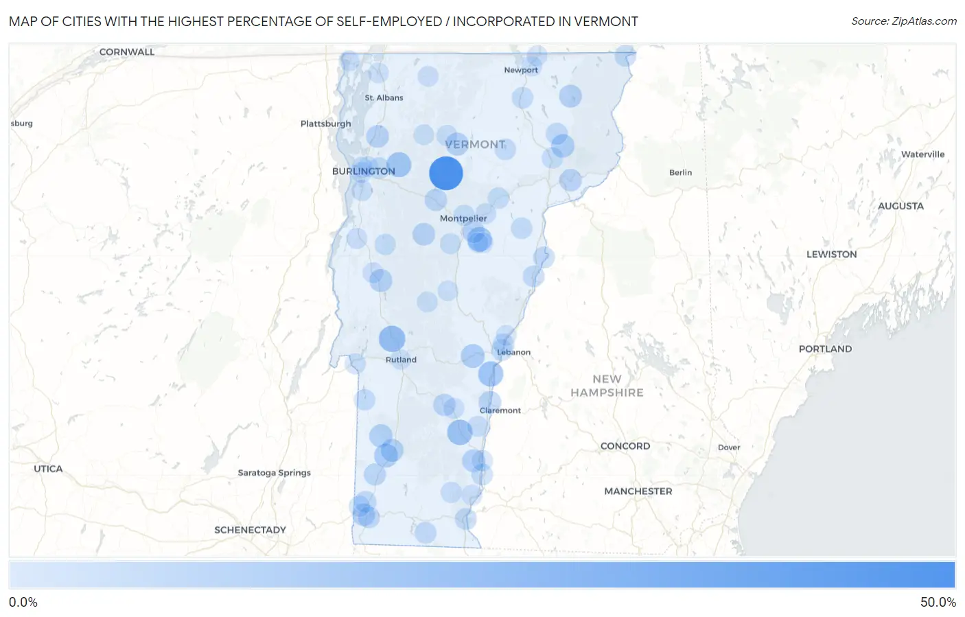 Cities with the Highest Percentage of Self-Employed / Incorporated in Vermont Map