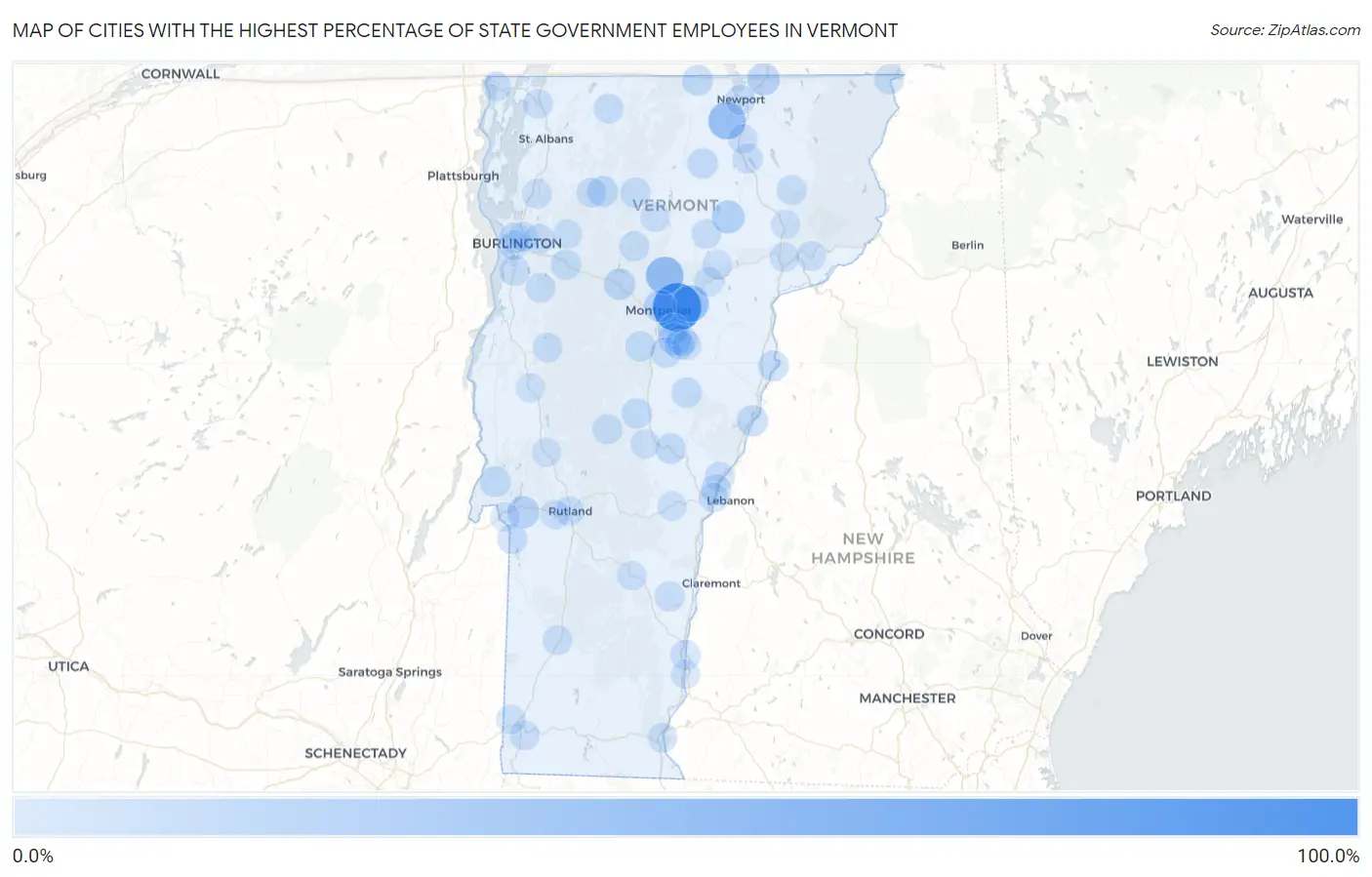 Cities with the Highest Percentage of State Government Employees in Vermont Map