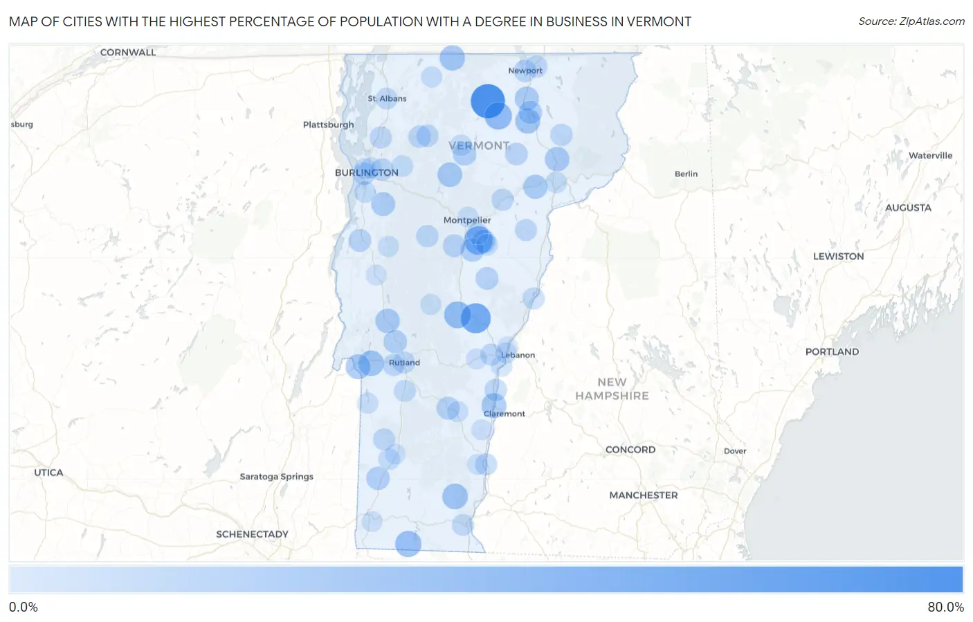 Cities with the Highest Percentage of Population with a Degree in Business in Vermont Map