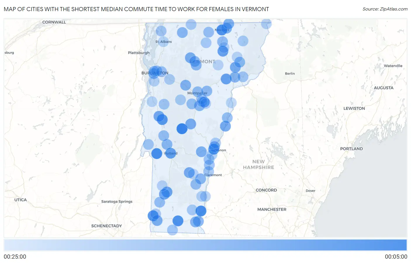 Cities with the Shortest Median Commute Time to Work for Females in Vermont Map