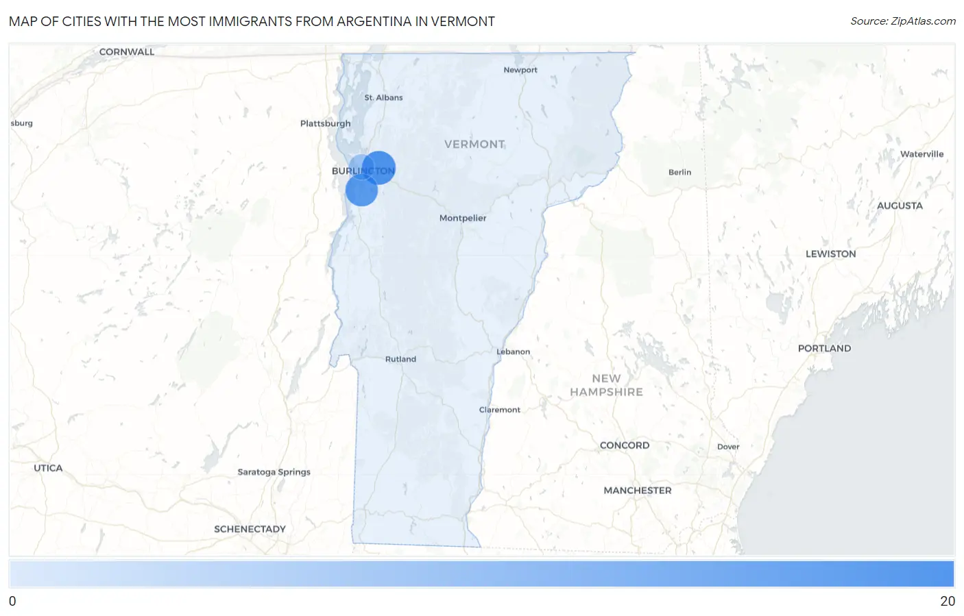 Cities with the Most Immigrants from Argentina in Vermont Map