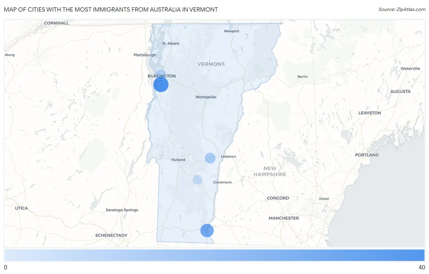 Cities with the Most Immigrants from Australia in Vermont Map