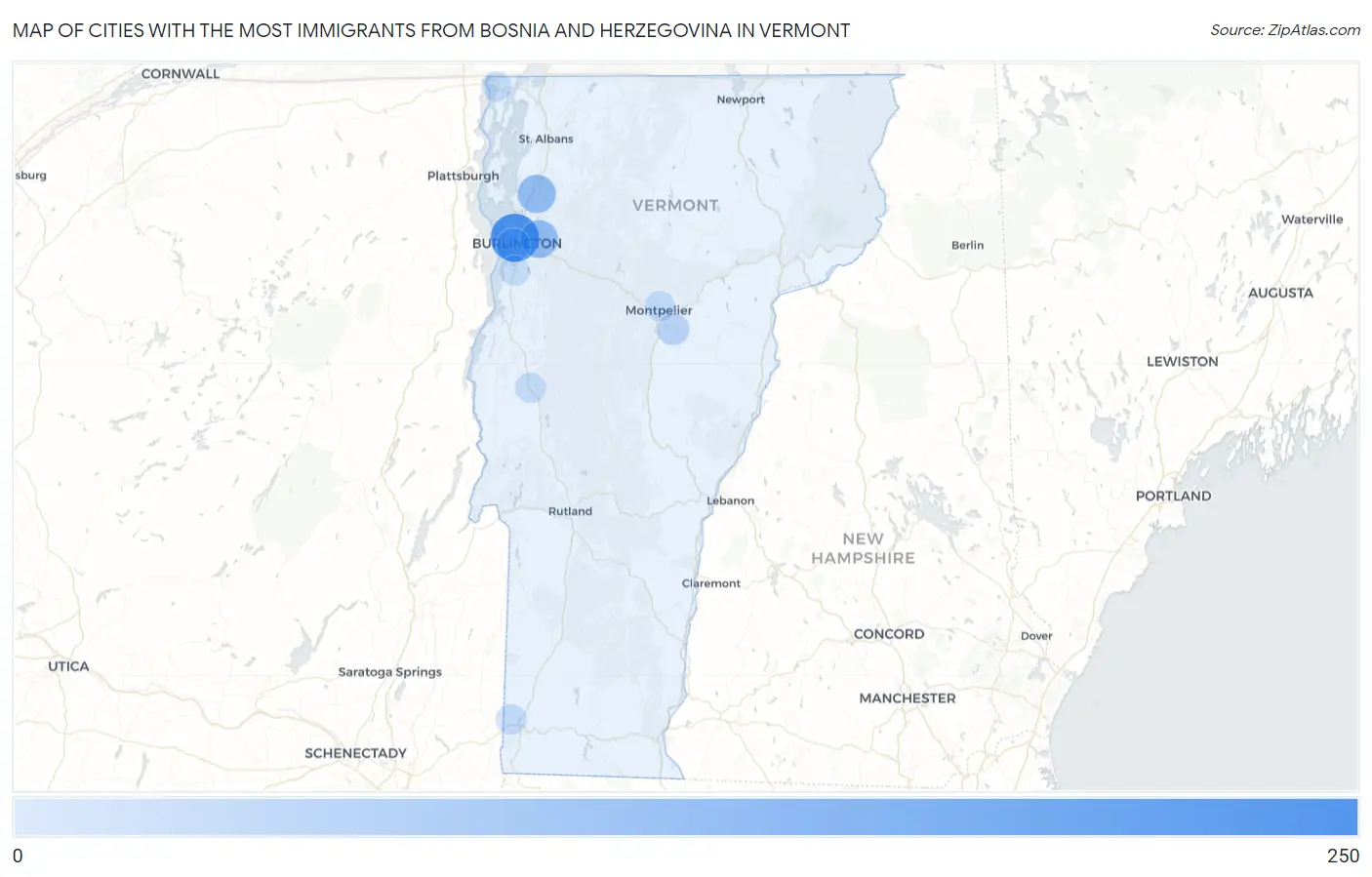 Cities with the Most Immigrants from Bosnia and Herzegovina in Vermont Map