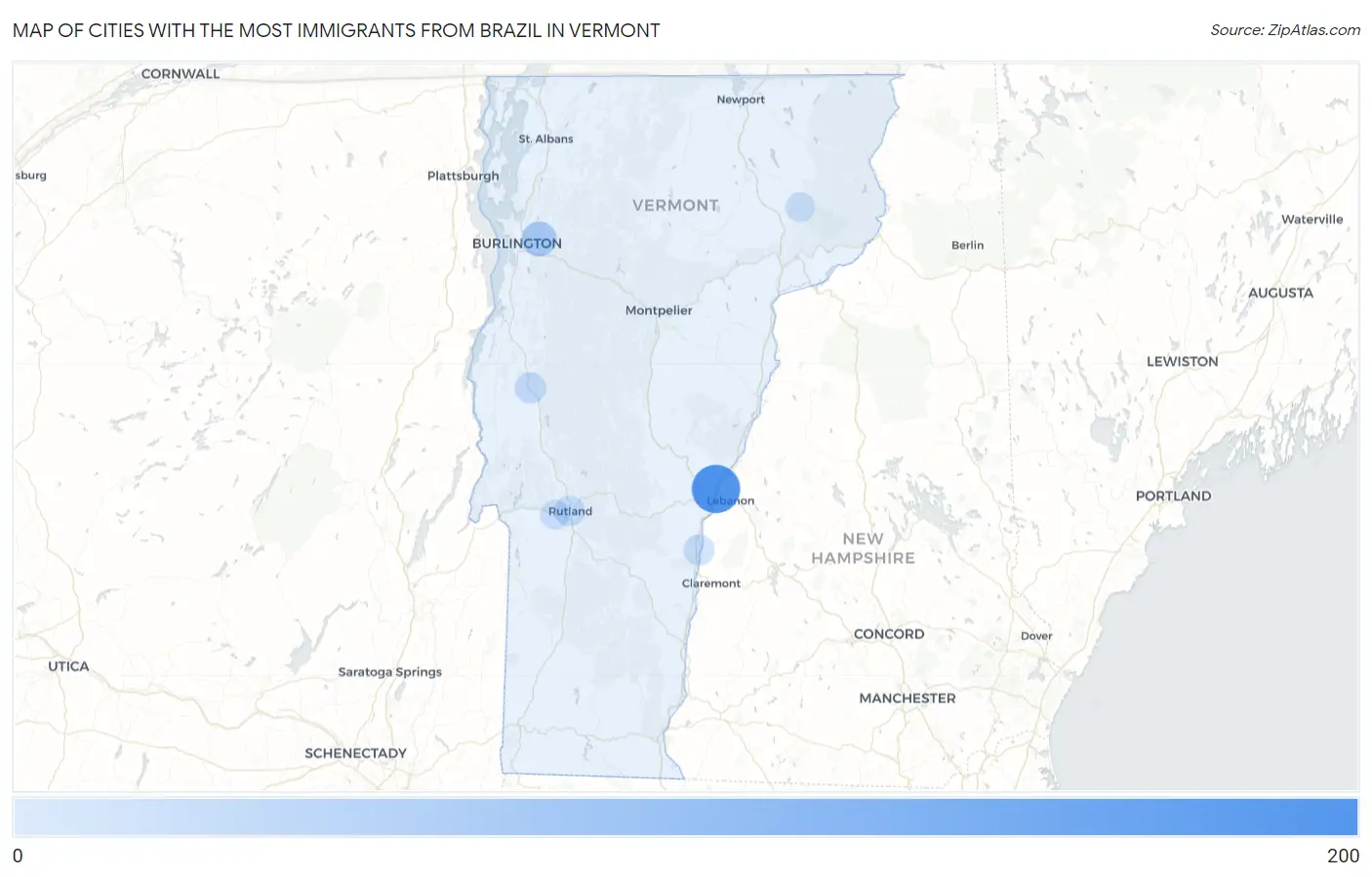 Cities with the Most Immigrants from Brazil in Vermont Map