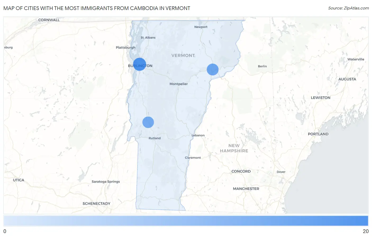 Cities with the Most Immigrants from Cambodia in Vermont Map