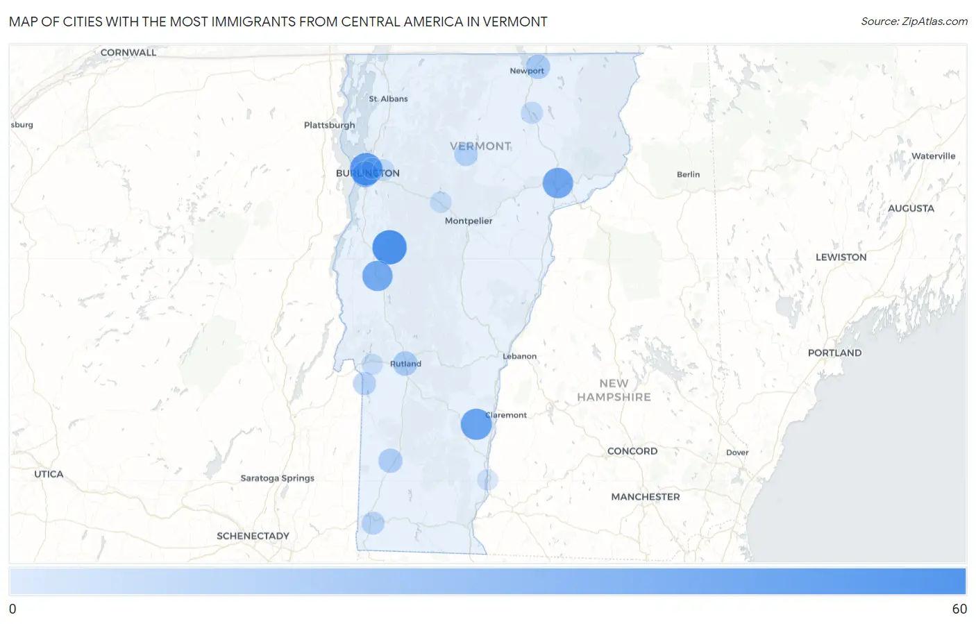 Cities with the Most Immigrants from Central America in Vermont Map