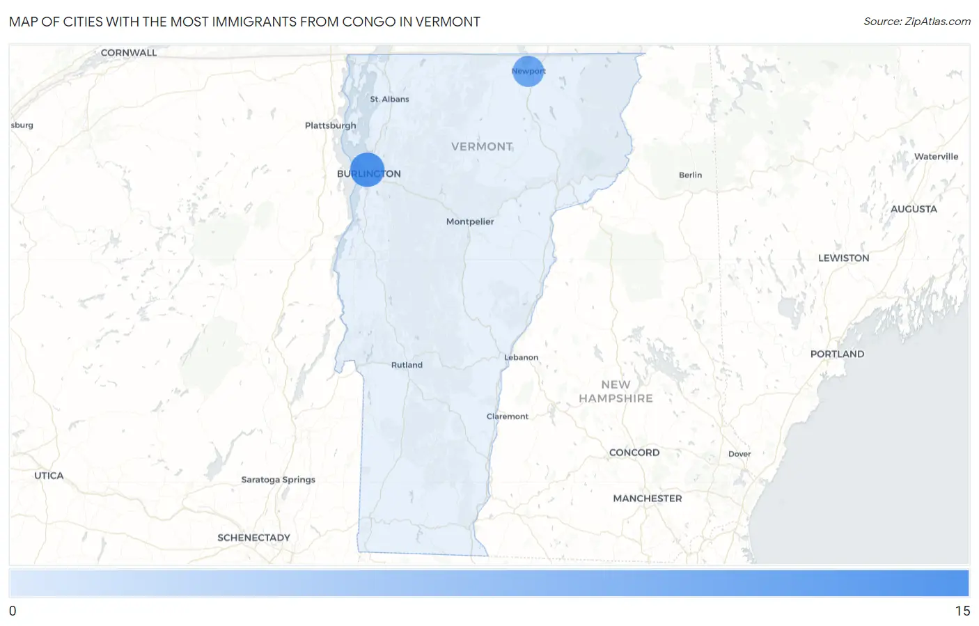 Cities with the Most Immigrants from Congo in Vermont Map