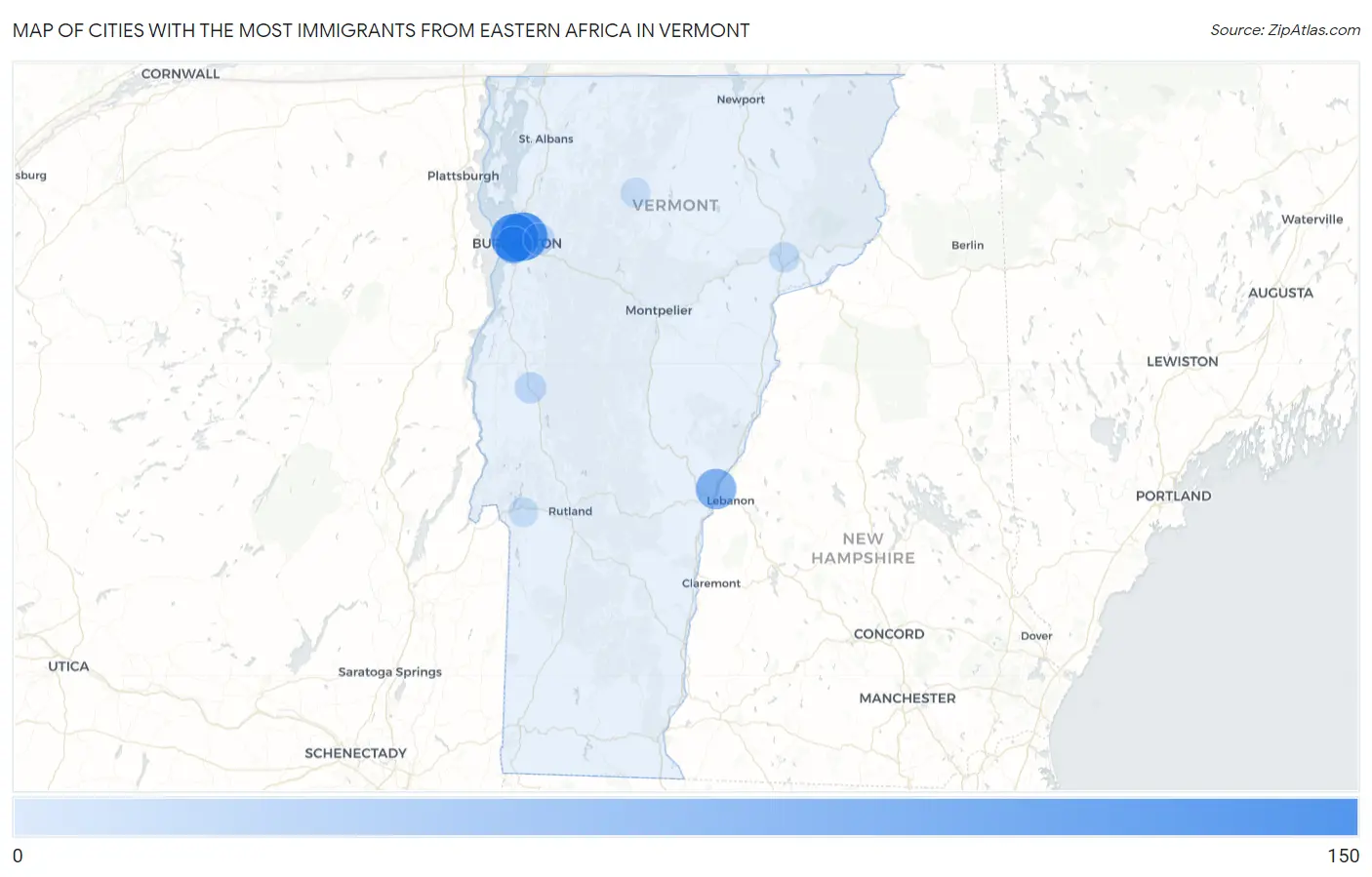 Cities with the Most Immigrants from Eastern Africa in Vermont Map