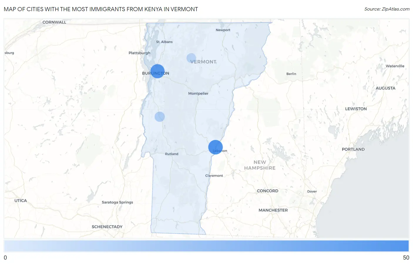 Cities with the Most Immigrants from Kenya in Vermont Map