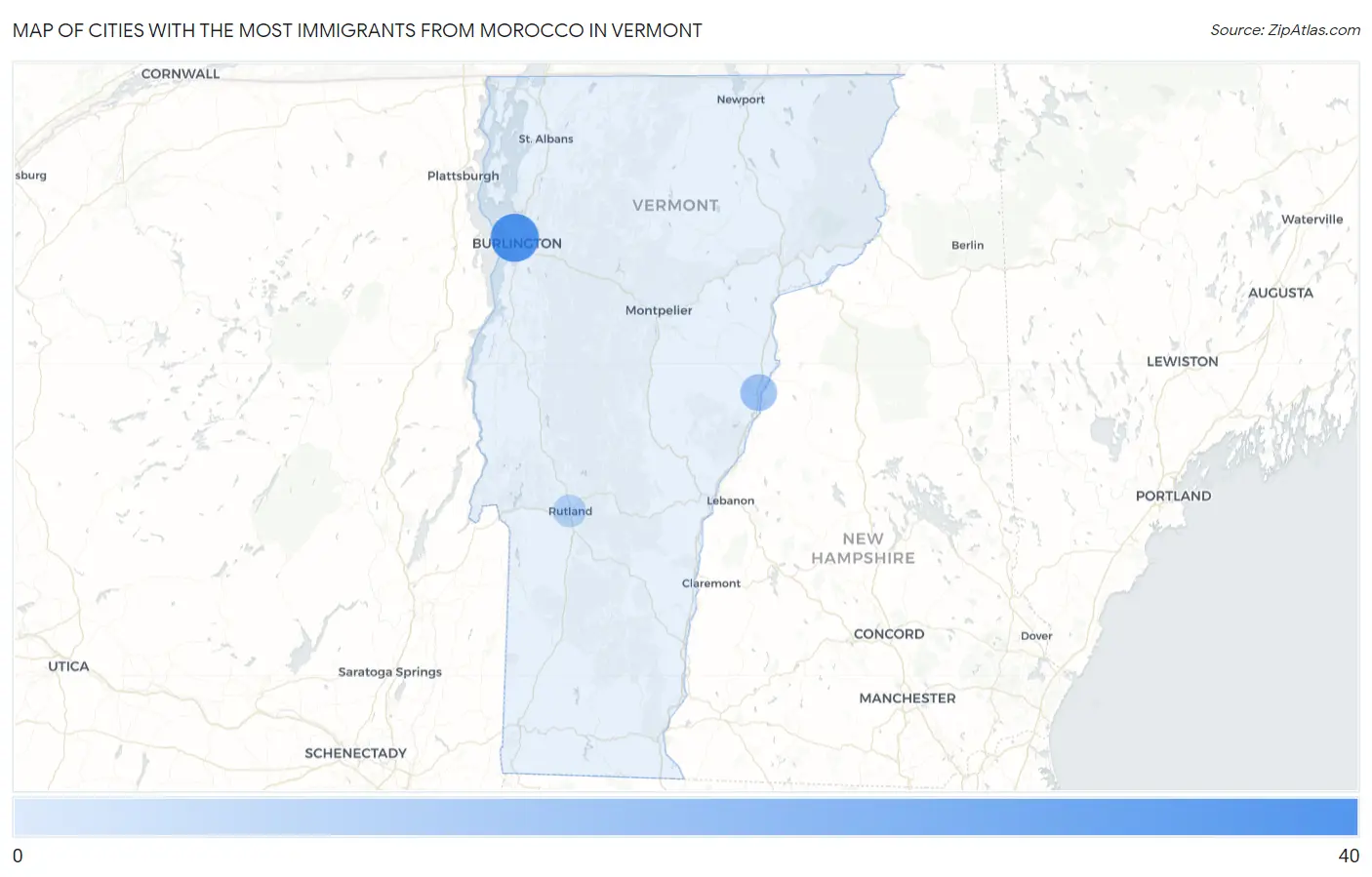 Cities with the Most Immigrants from Morocco in Vermont Map