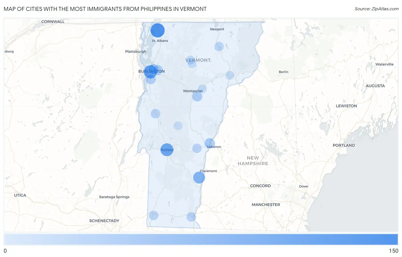 Cities with the Most Immigrants from Philippines in Vermont Map
