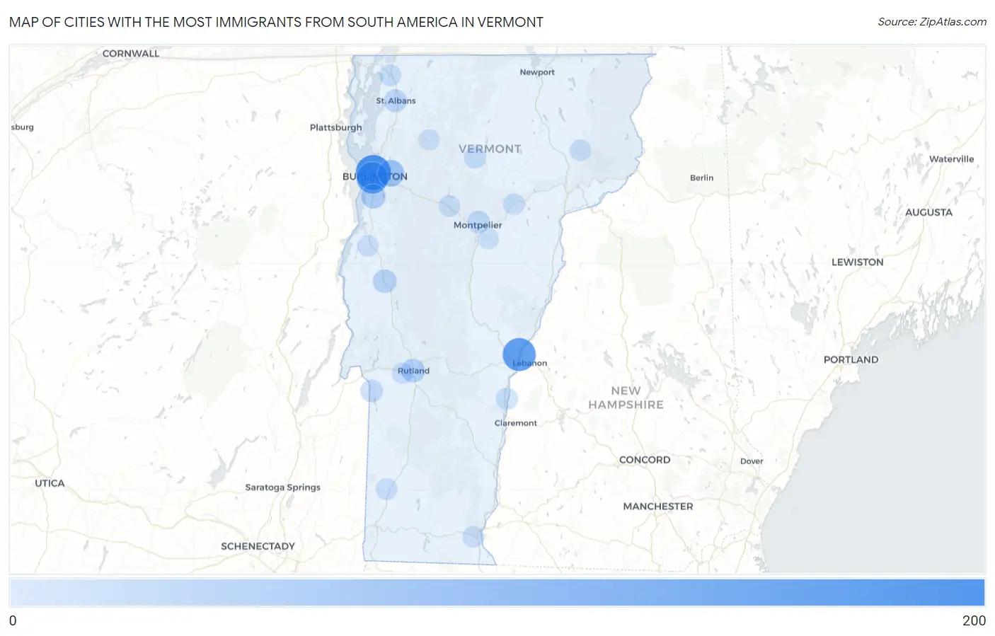Cities with the Most Immigrants from South America in Vermont Map