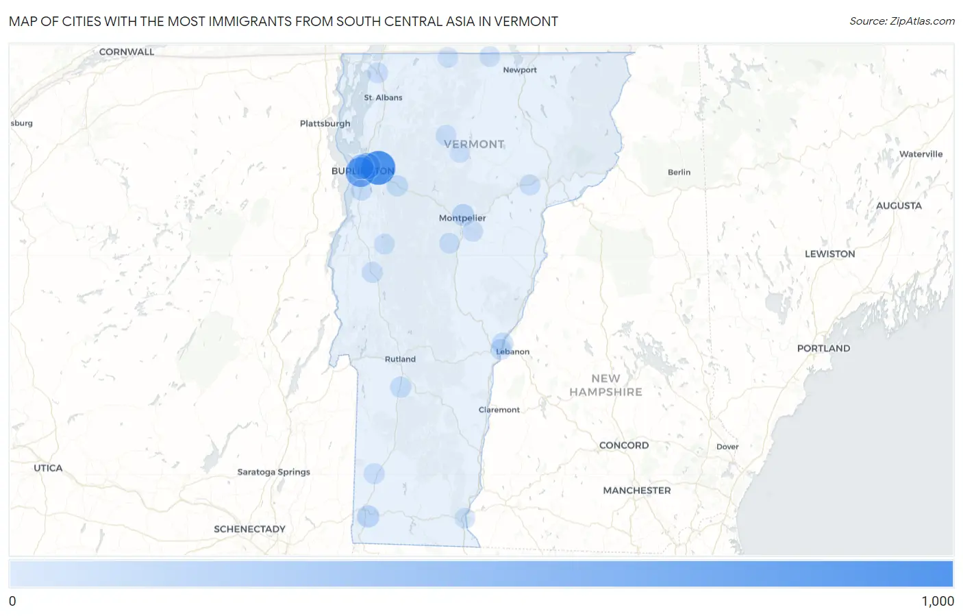 Cities with the Most Immigrants from South Central Asia in Vermont Map