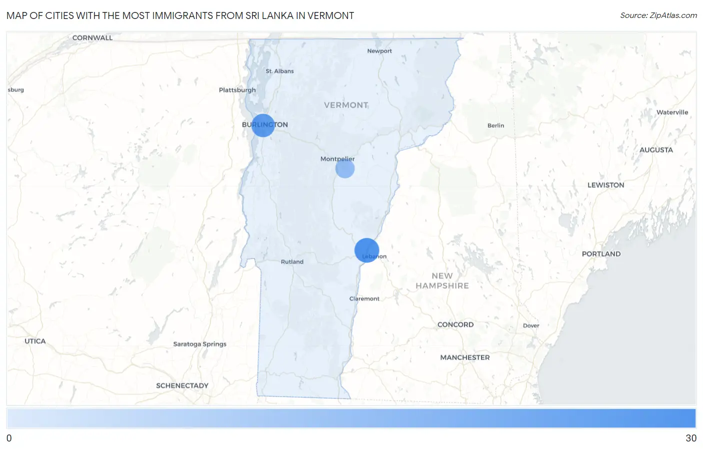 Cities with the Most Immigrants from Sri Lanka in Vermont Map