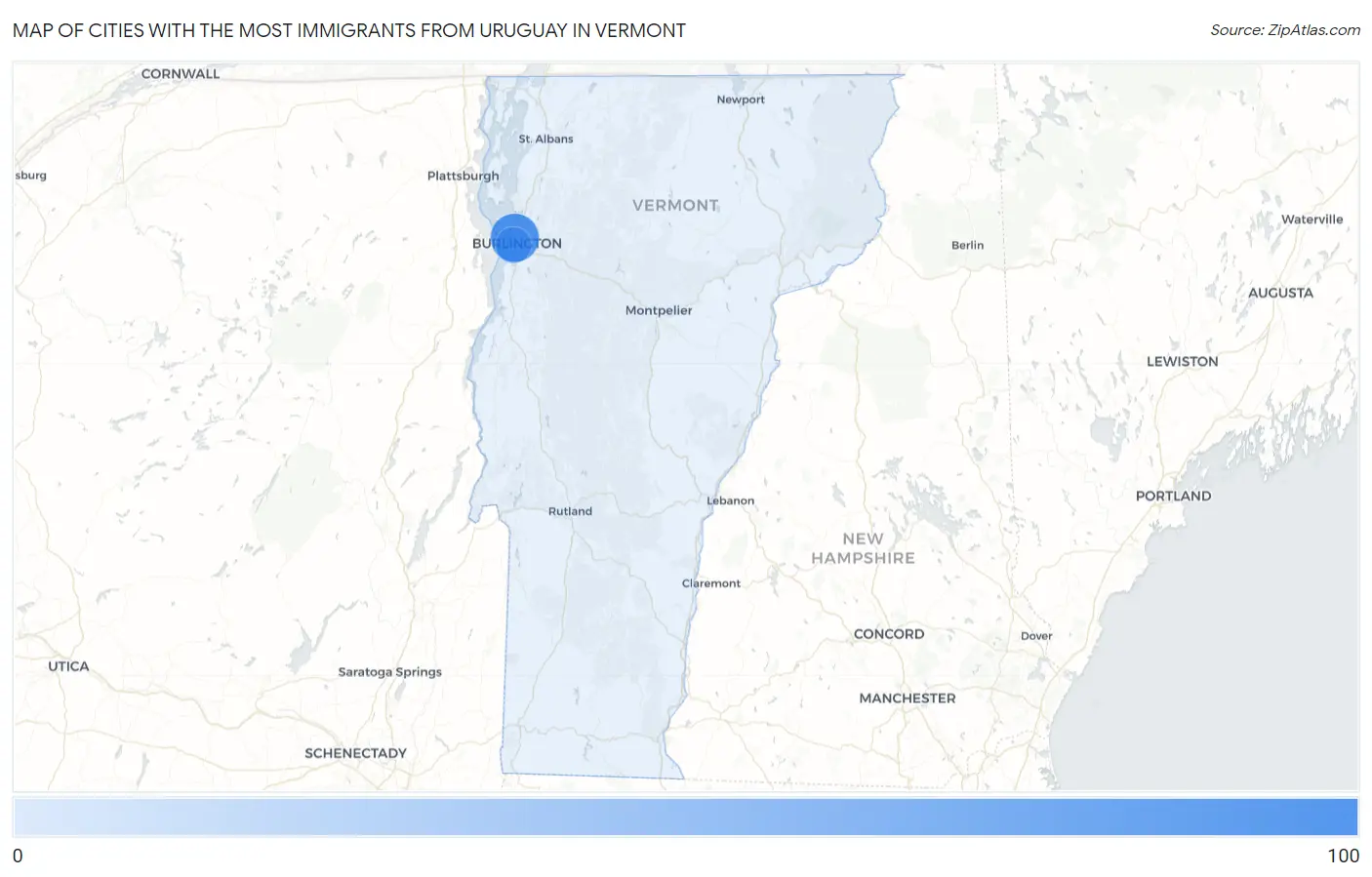 Cities with the Most Immigrants from Uruguay in Vermont Map