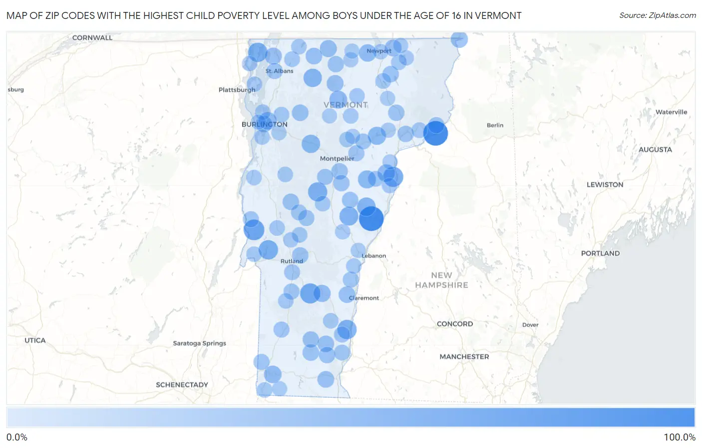 Zip Codes with the Highest Child Poverty Level Among Boys Under the Age of 16 in Vermont Map