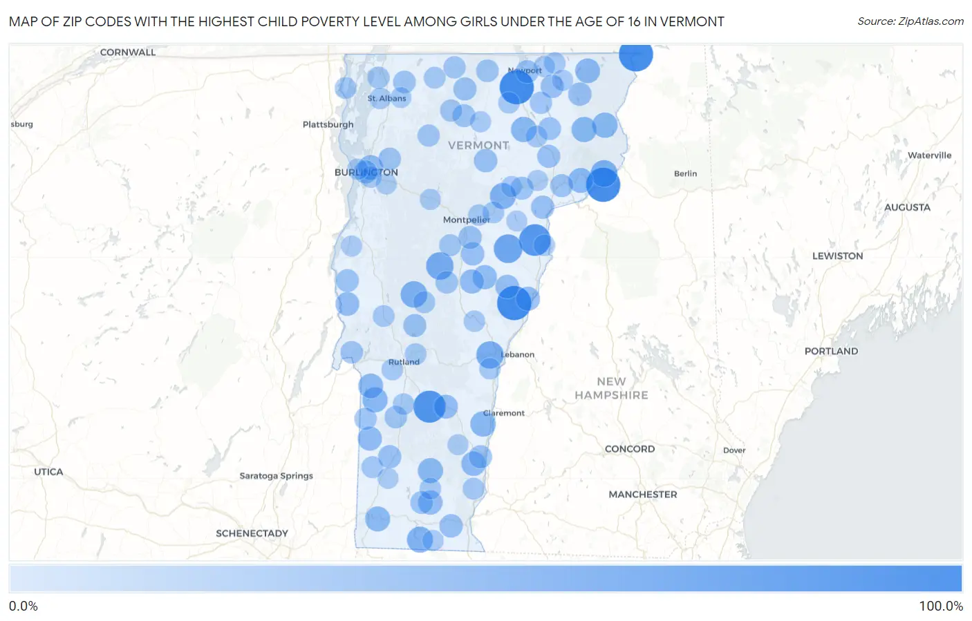 Zip Codes with the Highest Child Poverty Level Among Girls Under the Age of 16 in Vermont Map