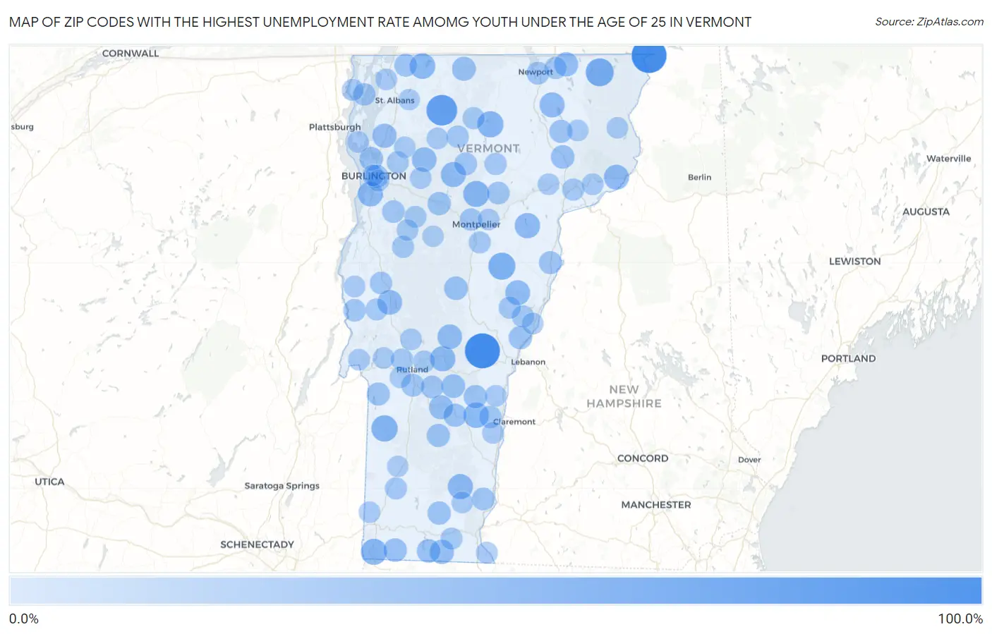 Zip Codes with the Highest Unemployment Rate Amomg Youth Under the Age of 25 in Vermont Map