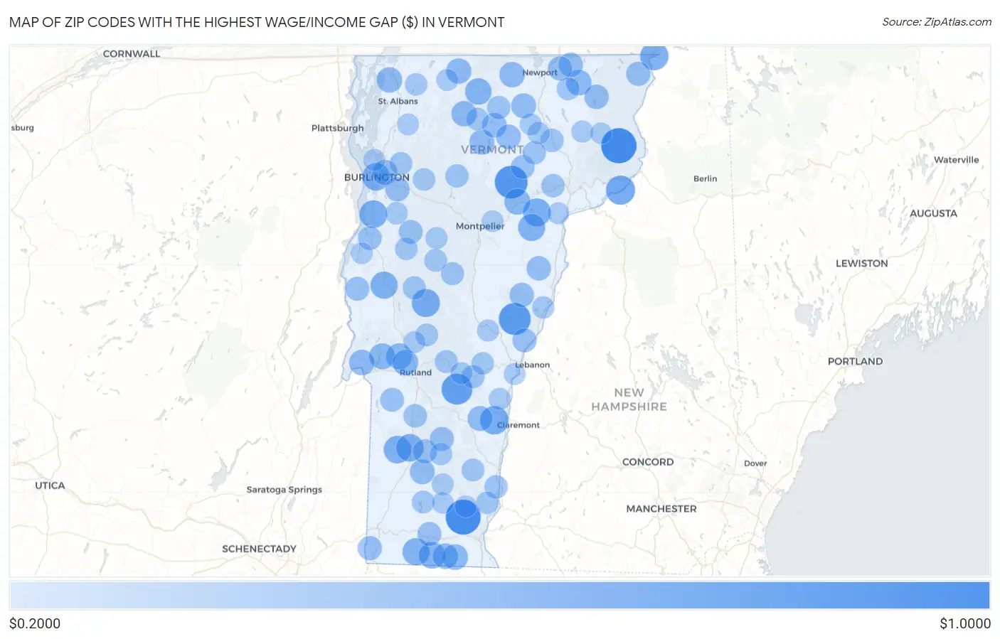 Zip Codes with the Highest Wage/Income Gap ($) in Vermont Map