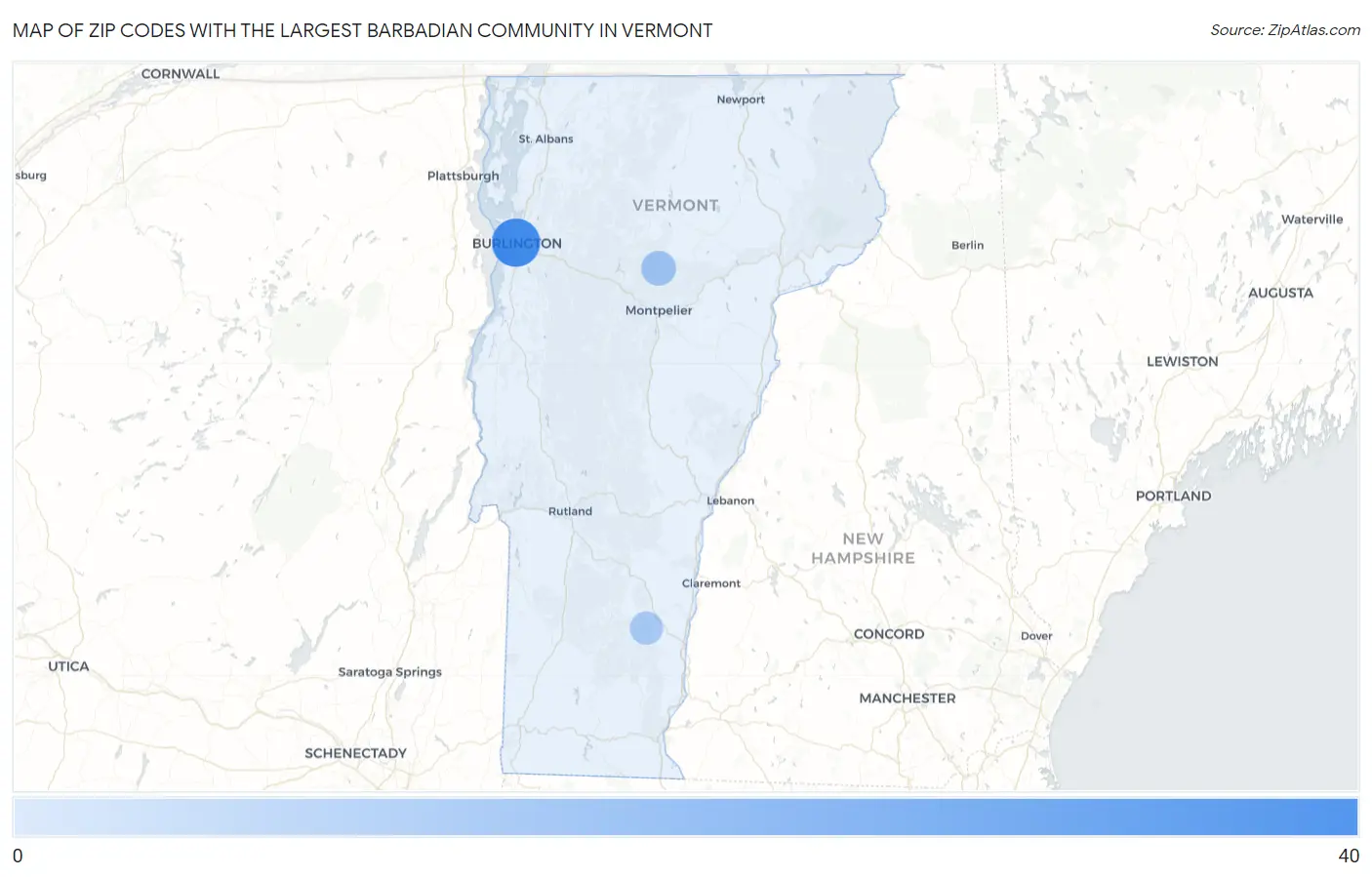 Zip Codes with the Largest Barbadian Community in Vermont Map