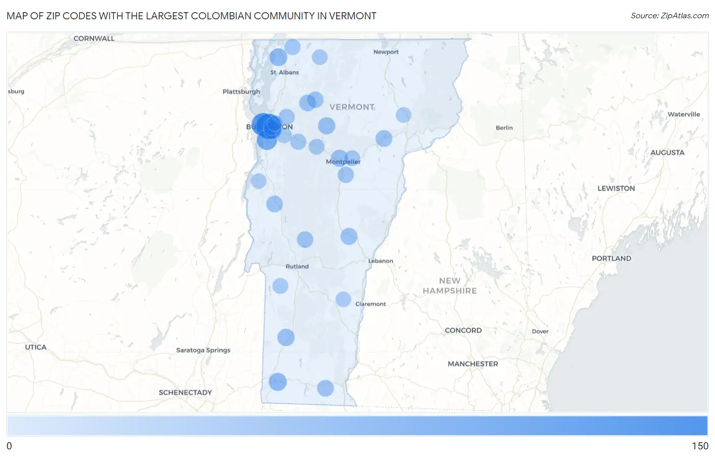 Zip Codes with the Largest Colombian Community in Vermont Map