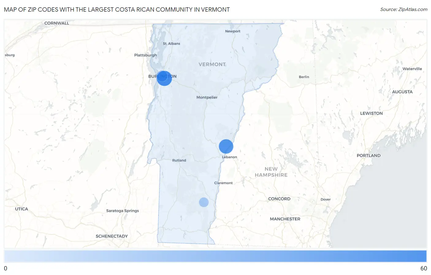 Zip Codes with the Largest Costa Rican Community in Vermont Map