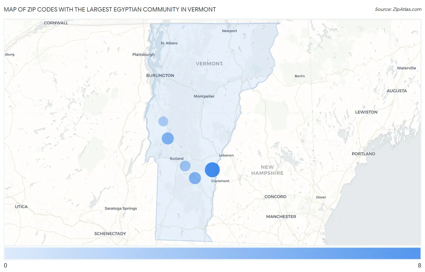 Zip Codes with the Largest Egyptian Community in Vermont Map