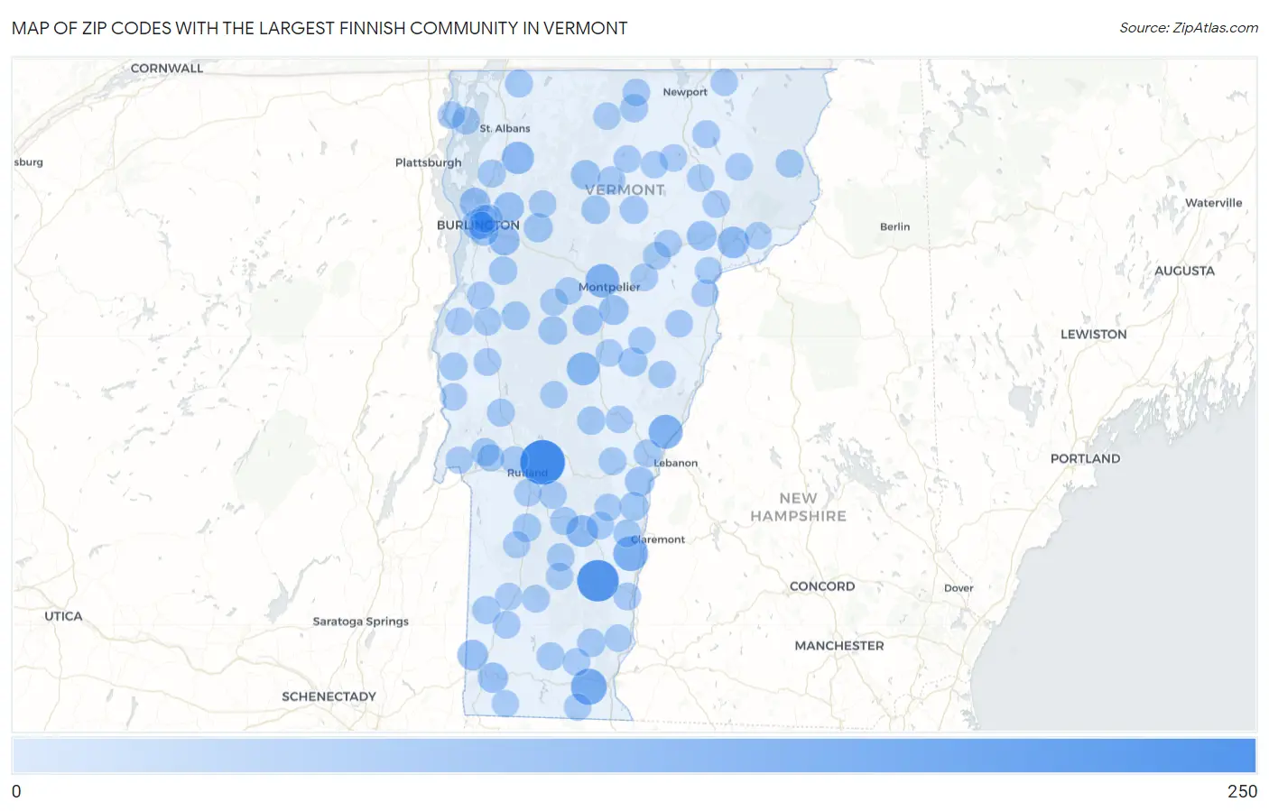 Zip Codes with the Largest Finnish Community in Vermont Map