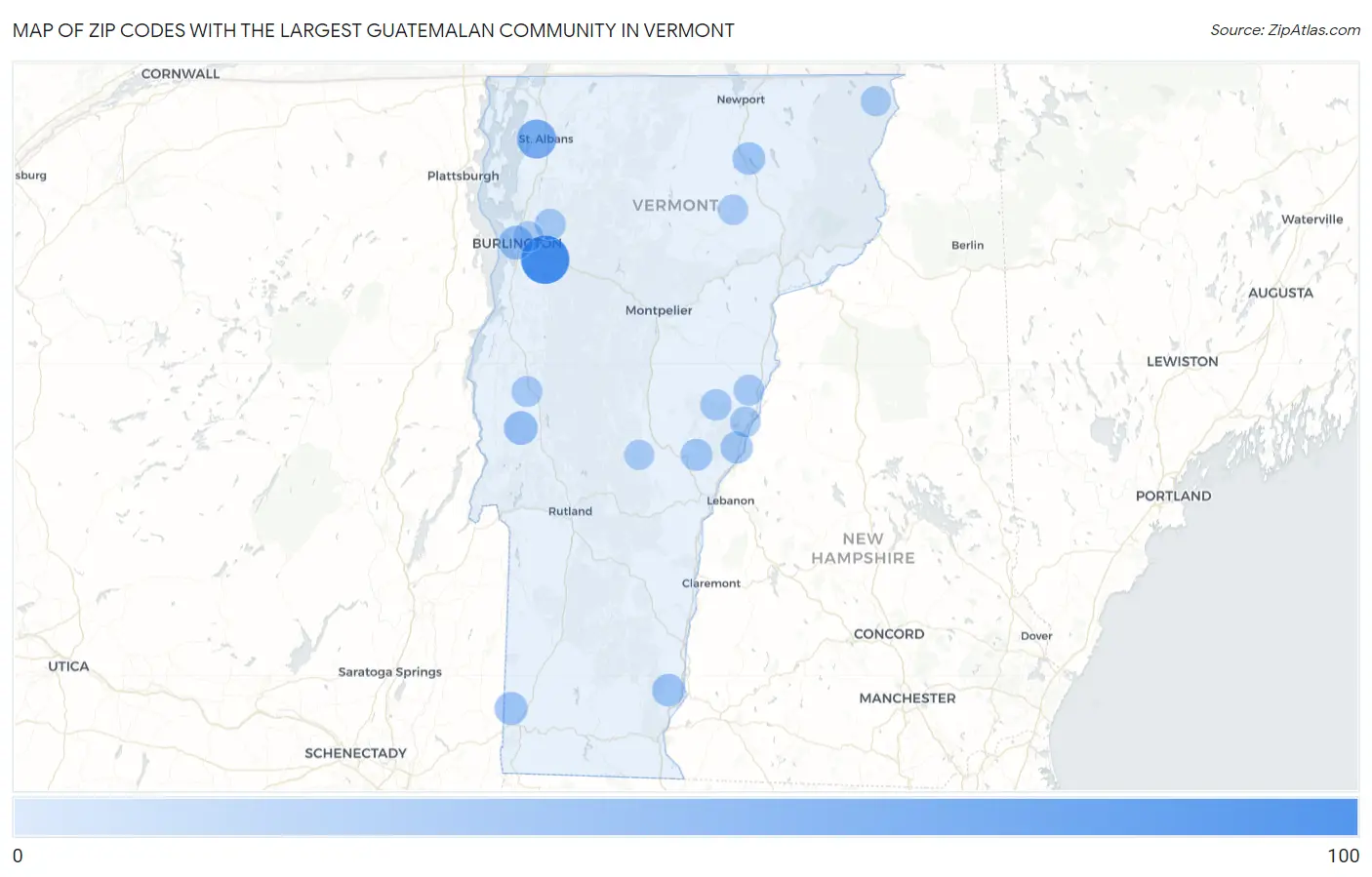Zip Codes with the Largest Guatemalan Community in Vermont Map