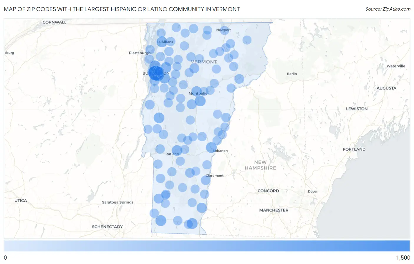 Zip Codes with the Largest Hispanic or Latino Community in Vermont Map