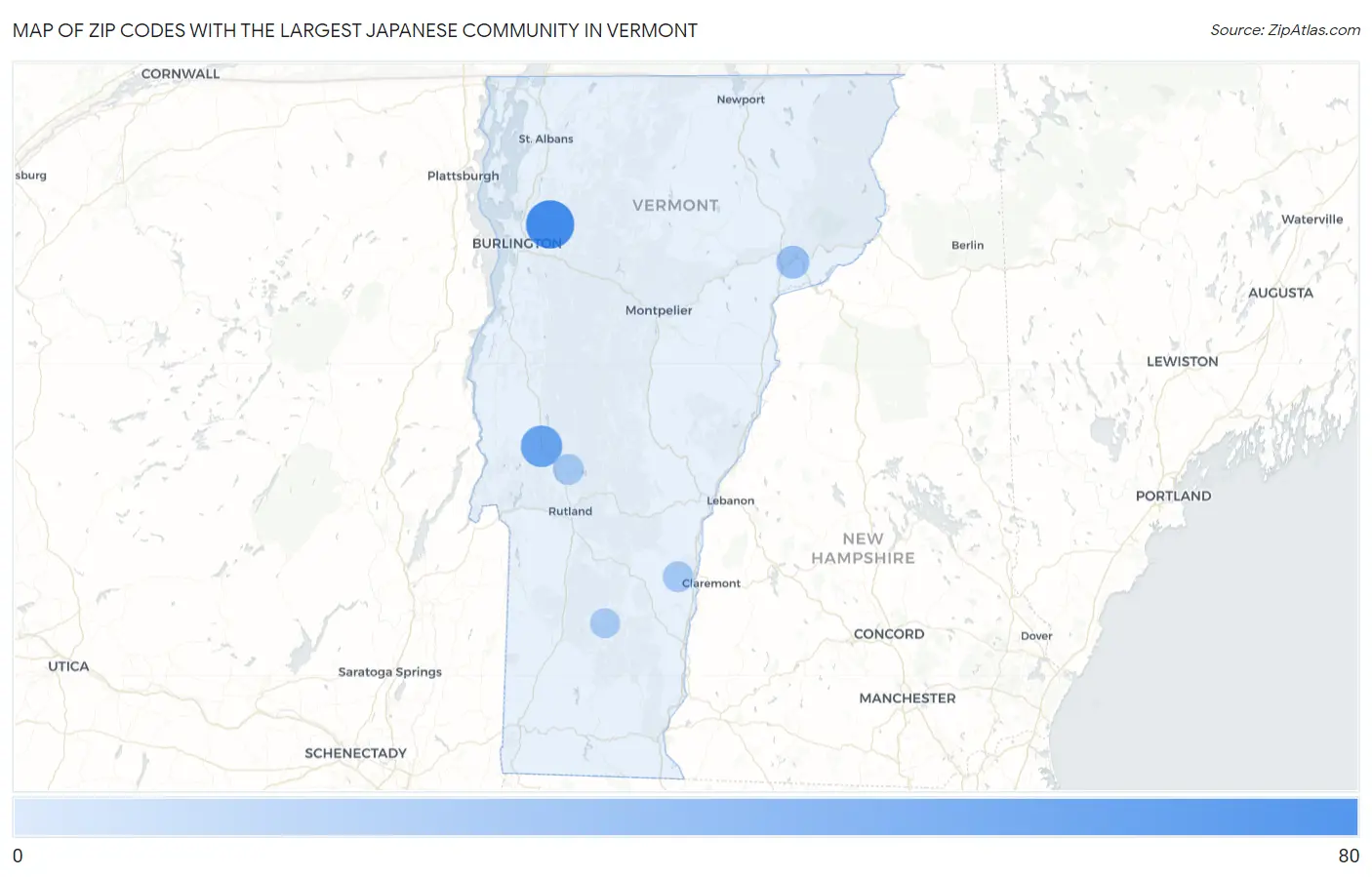 Zip Codes with the Largest Japanese Community in Vermont Map