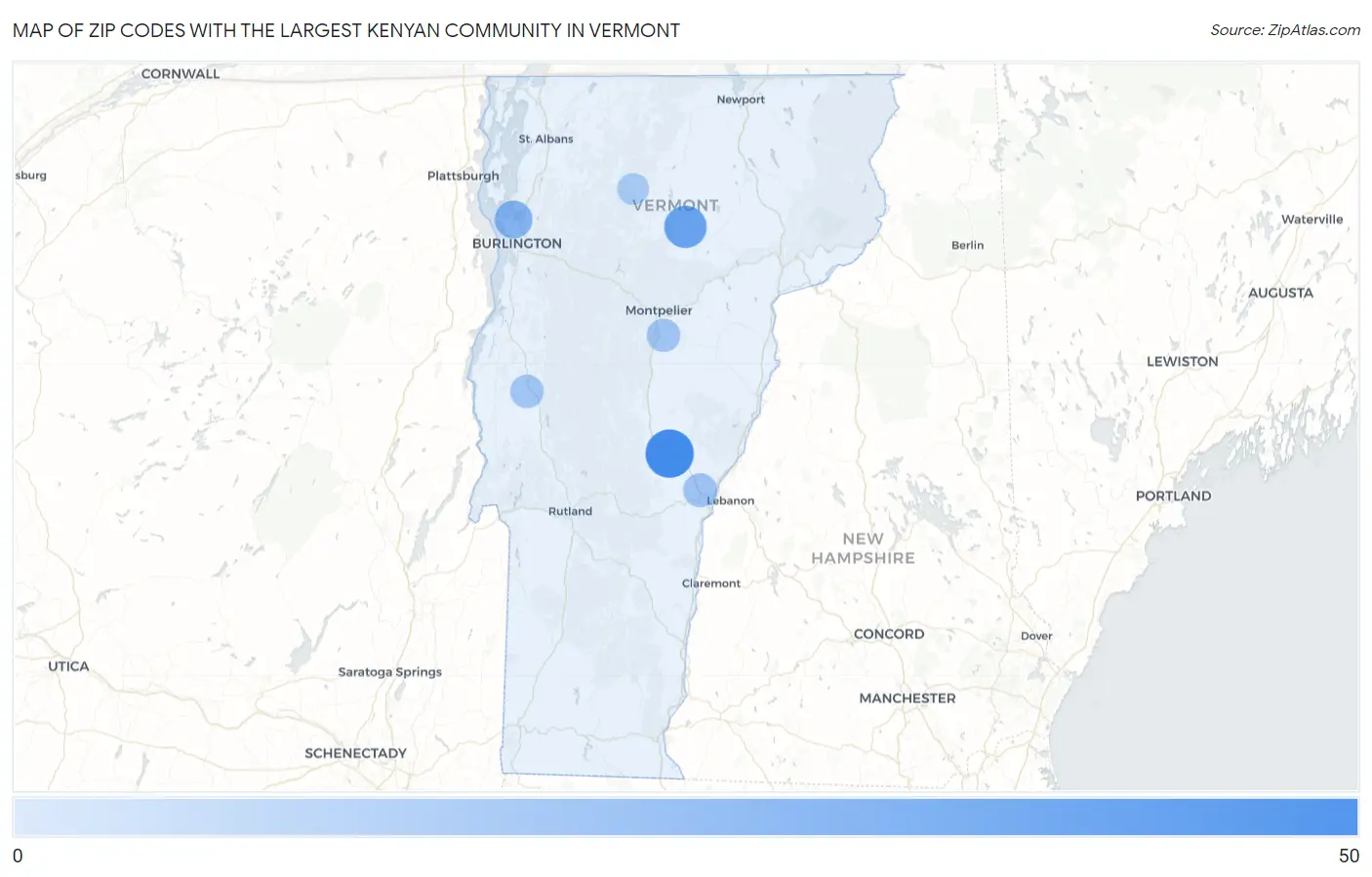 Zip Codes with the Largest Kenyan Community in Vermont Map