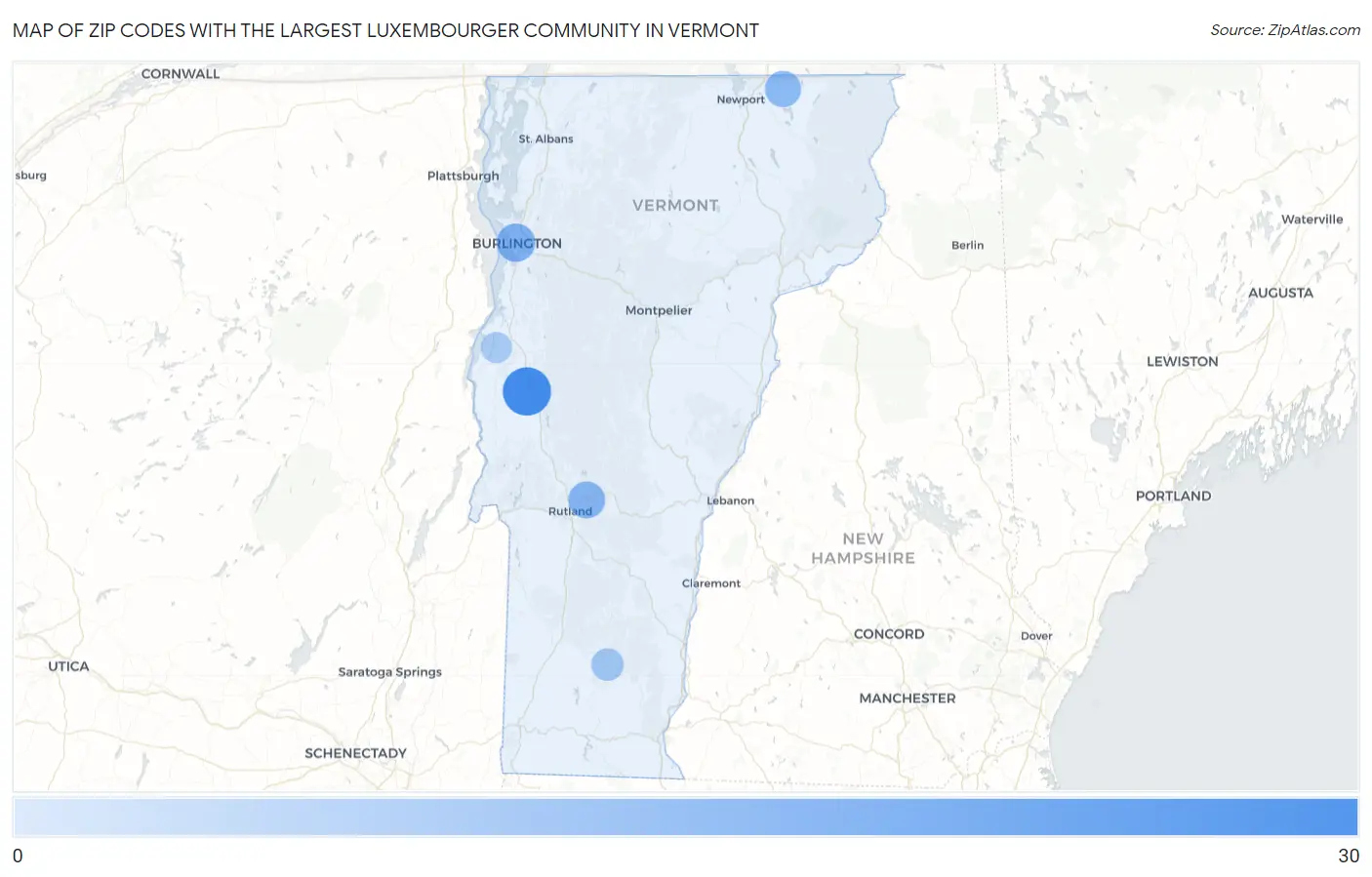 Zip Codes with the Largest Luxembourger Community in Vermont Map