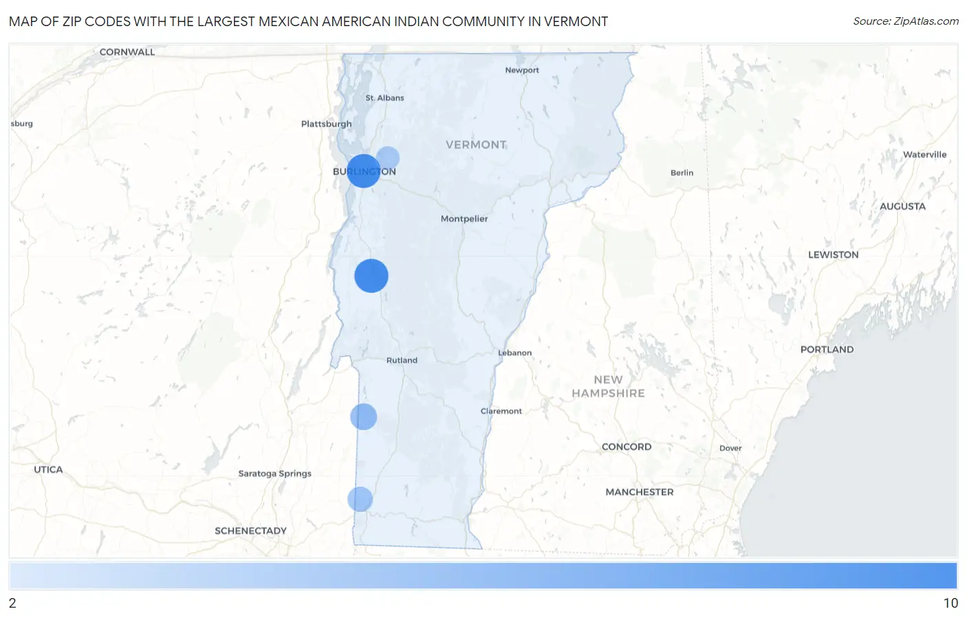 Zip Codes with the Largest Mexican American Indian Community in Vermont Map