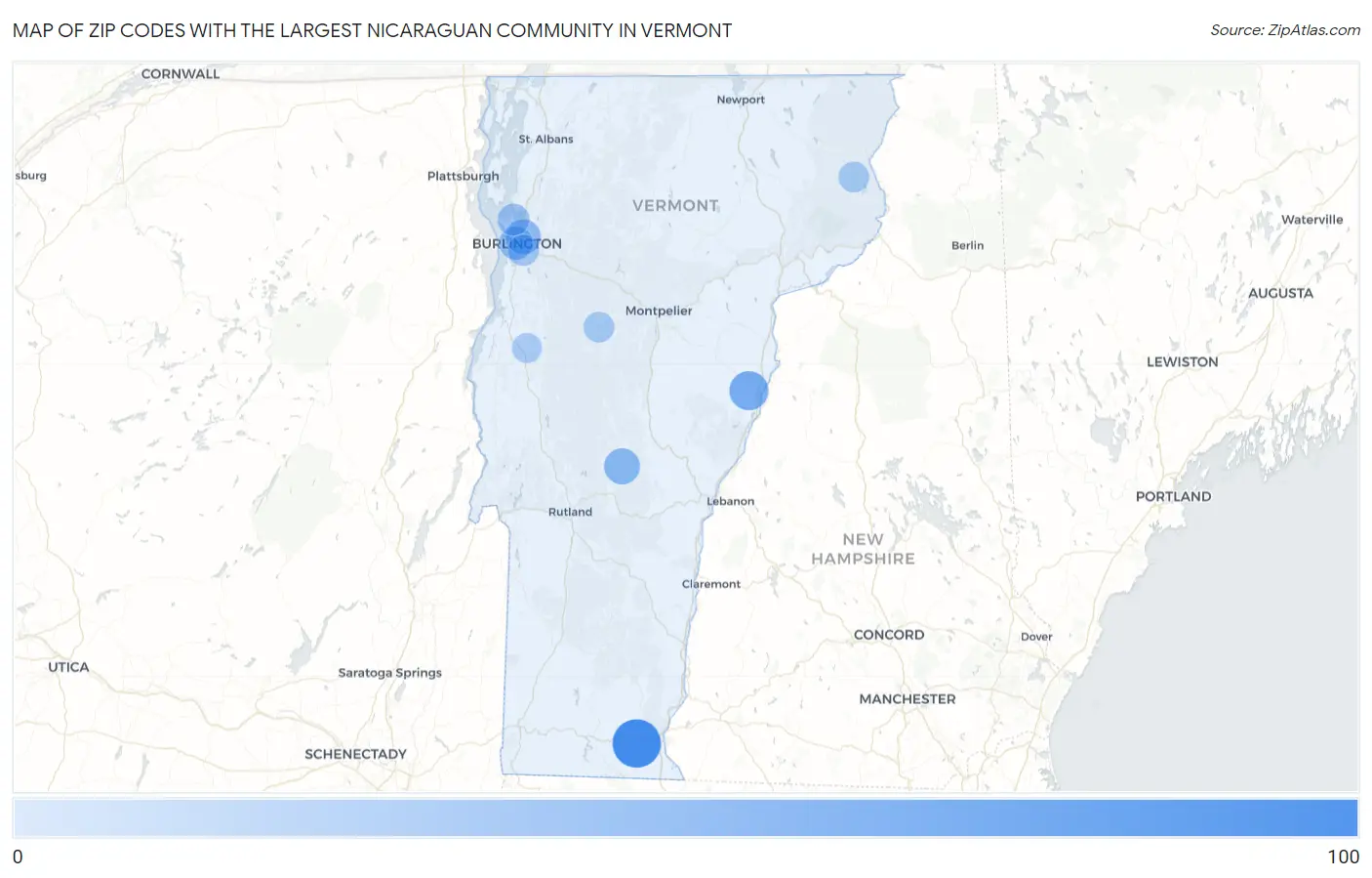 Zip Codes with the Largest Nicaraguan Community in Vermont Map