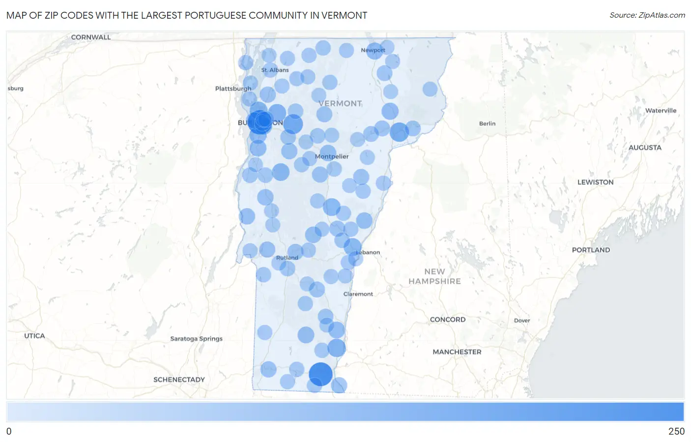 Zip Codes with the Largest Portuguese Community in Vermont Map