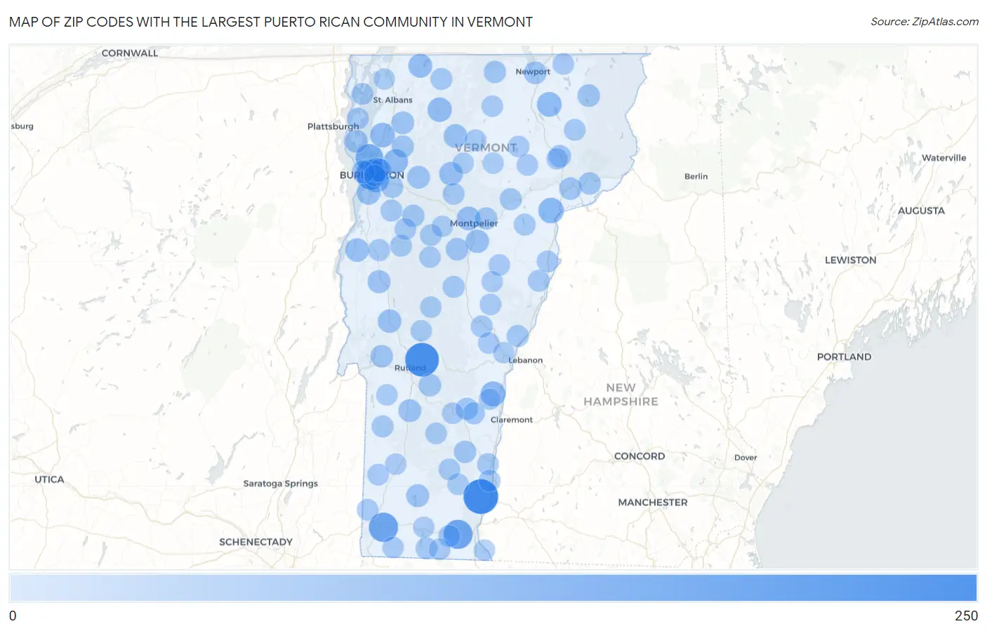 Zip Codes with the Largest Puerto Rican Community in Vermont Map