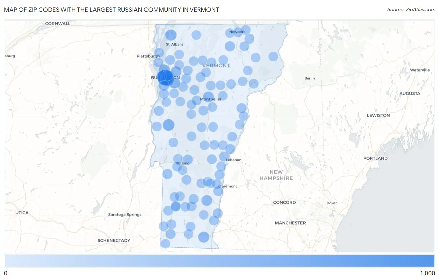 Zip Codes with the Largest Russian Community in Vermont Map