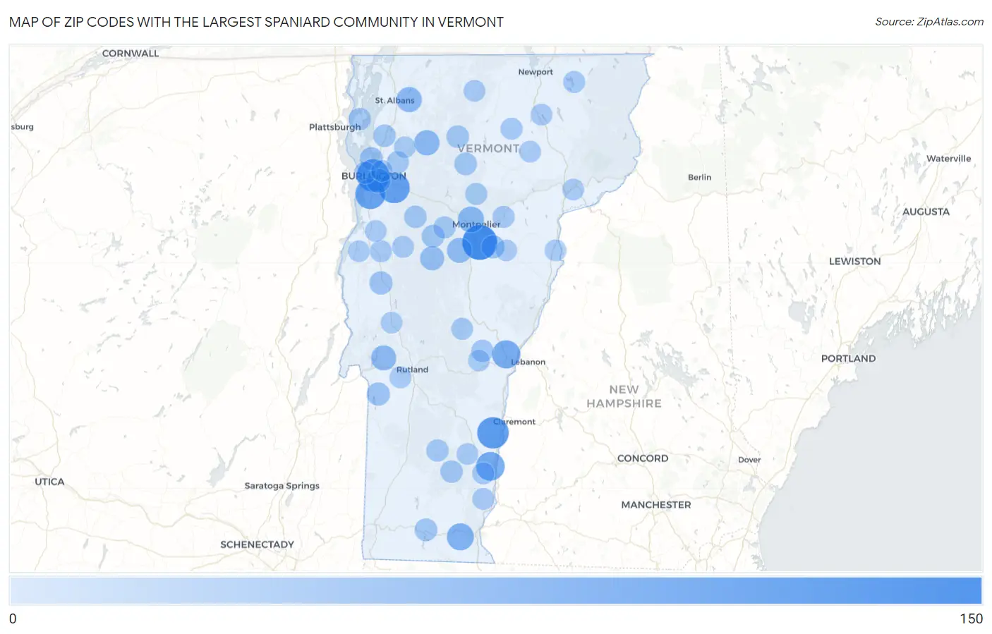 Zip Codes with the Largest Spaniard Community in Vermont Map