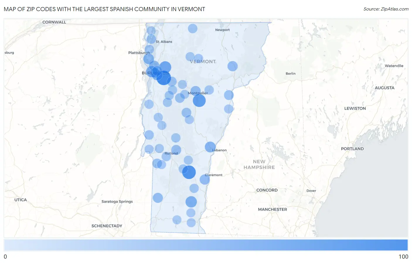 Zip Codes with the Largest Spanish Community in Vermont Map