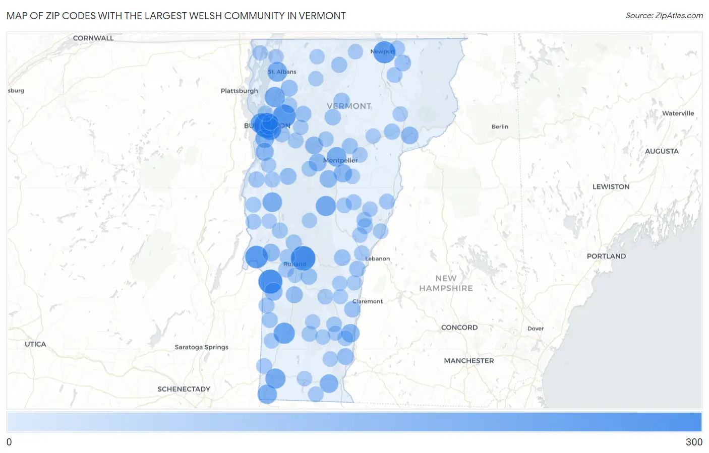 Zip Codes with the Largest Welsh Community in Vermont Map